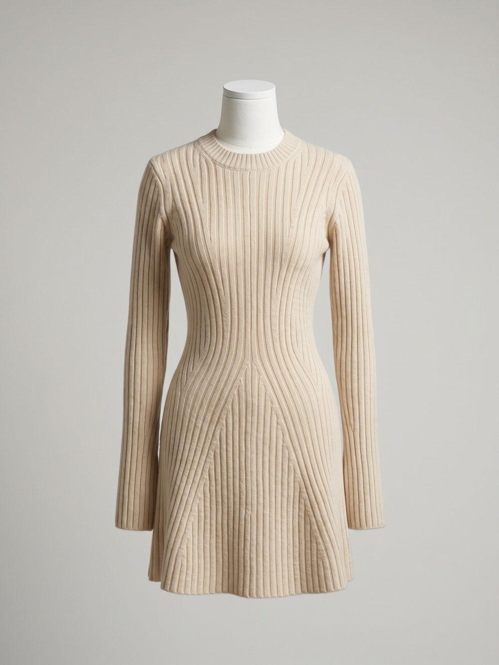 Ribbed Long-Sleeve Knit Dress in Beige